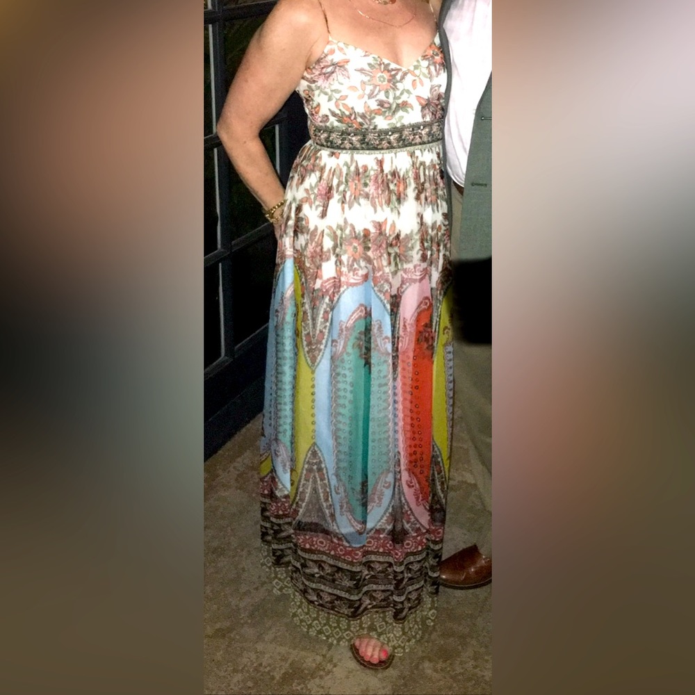 ANTHROPOLOGIE maxi with stained-glass colors on skirt, strap-top, elastic back